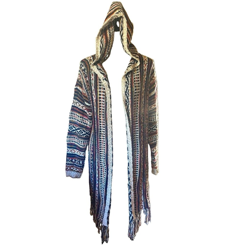 R Hooded Open-Front Fringe Striped Multicolor Knit Cardigan Sweater L/XL Boho